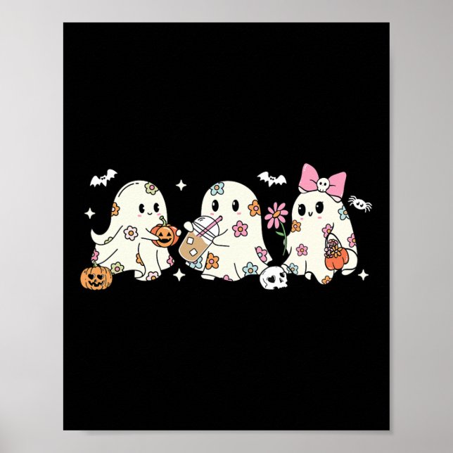 Niedlicher Blumengast Trinkkaffee Halloween-Geist Poster (Vorne)