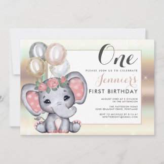 Niedlicher Blumenjungen Elefant mit Balloons Einladung
