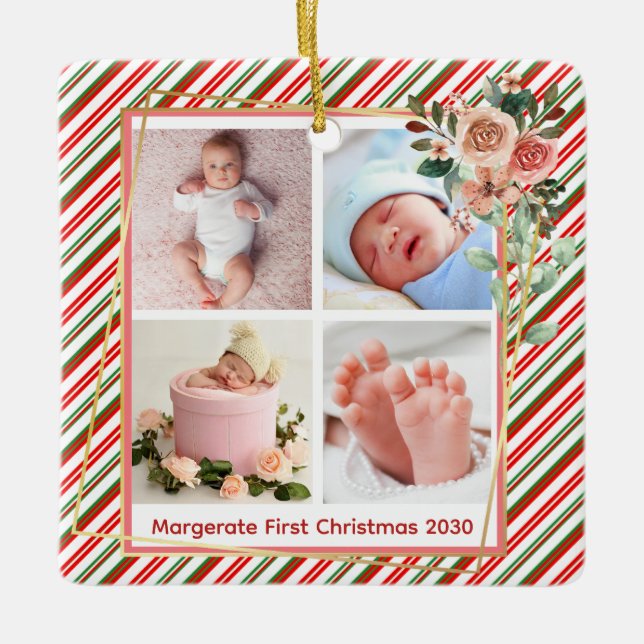 niedlicher Blumenrahmen New Baby Personalisiert 4  Keramikornament (Vorderseite)