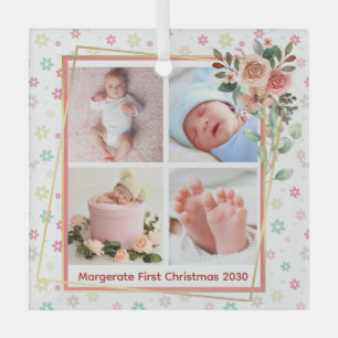 niedlicher Blumenrahmen New Baby Personalisiert 4  Ornament Aus Glas