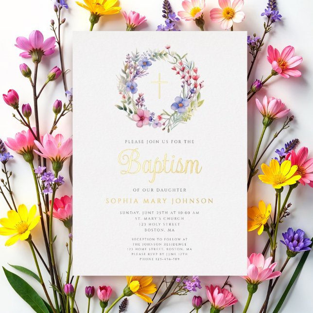Niedlicher Blumenreath Religiöse Taufe Folieneinladung (Cute Floral Wreath Religious Girl Baptism Gold Foil Invitation)