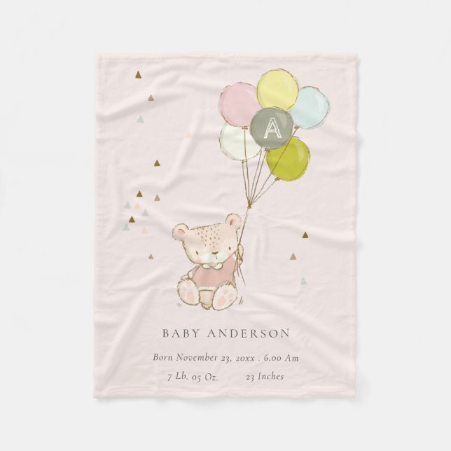 Niedlicher Blush Bärenballon Girl Monogram Baby St Fleecedecke (Vorderseite)