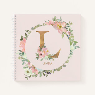 Niedlicher Blush Floral Gold Brief L Monogramm Notizbuch