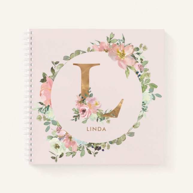 Niedlicher Blush Floral Gold Brief L Monogramm Notizbuch (Vorderseite)