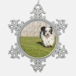 Niedlicher Bobtail Schäferhund Schneeflocken Zinn-Ornament