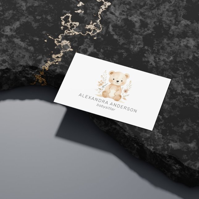 Niedlicher Boho Floral Bär Kinderservice Wasserfar Visitenkarte (Cute Boho Floral Bear Watercolor Child Service Business Card)