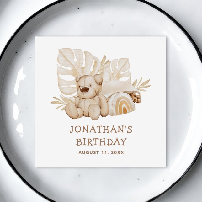 Niedlicher Boho Neutral Teddy Bär. Kinder Geburtst Serviette (Von Creator hochgeladen)