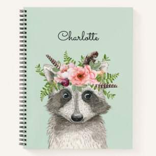 Niedlicher Boho Raccoon mit Blumen und Feathers Cr Notizbuch
