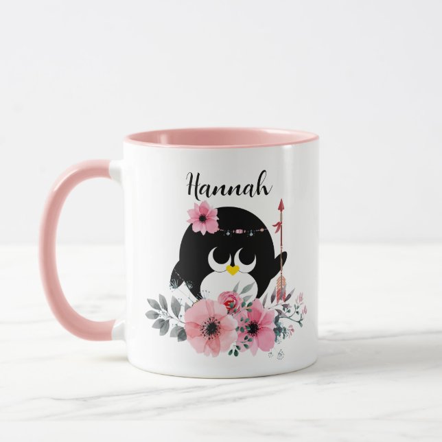Niedlicher Boho Tribal Pinguin Rosa Zweittonname Tasse (Links)