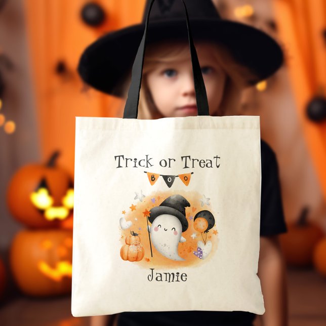 Niedlicher Boo Orange Trick oder Treat Halloween Tragetasche (Cute Little Boo Orange Trick or Treat Halloween Tote Bag)
