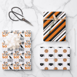 Niedlicher Boo-Spider-Streifen Halloween Geschenkpapier Set