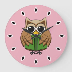 Niedlicher Bookworm Owl Reading Book Cartoon Große Wanduhr