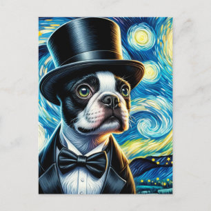 Niedlicher Boston Terrier in einem Tophat Van Gogh Postkarte