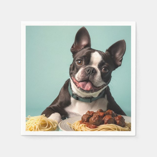 Niedlicher Boston Terrier mit Spaghetti Bolognaise Serviette (Vorderseite)