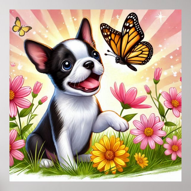 Niedlicher Boston Terrier Welpe spielen mit Schmet Poster (Vorne)