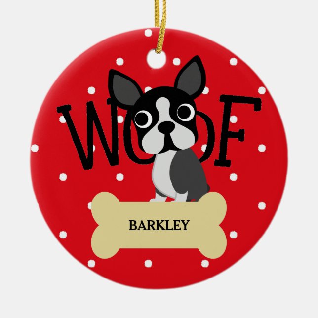Niedlicher Bostonterrier-und -goldknochen und rote Keramik Ornament (Vorne)