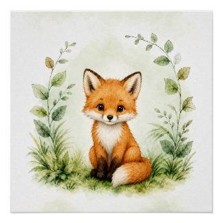 Niedlicher Botanischer Fuchs Aquarell Wildtiere Poster