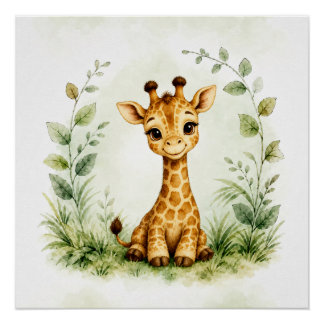 Niedlicher botanischer Giraffen-Aquarell-Wildlife Poster