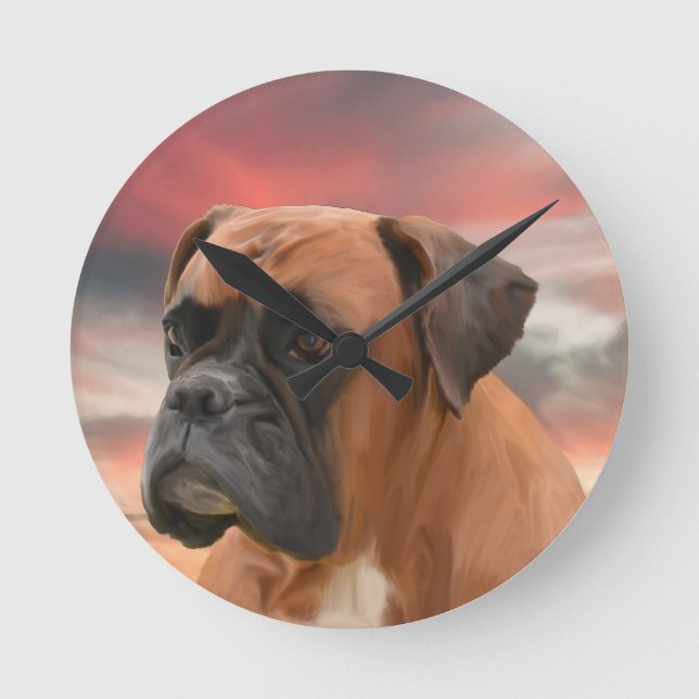 Niedlicher Boxer Hund Aquarellmalerei Art Runde Wanduhr (Vorderseite)