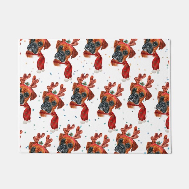 Niedlicher Boxer Hund mit Rentier Antlers Weihnach Fußmatte (Vorderseite)