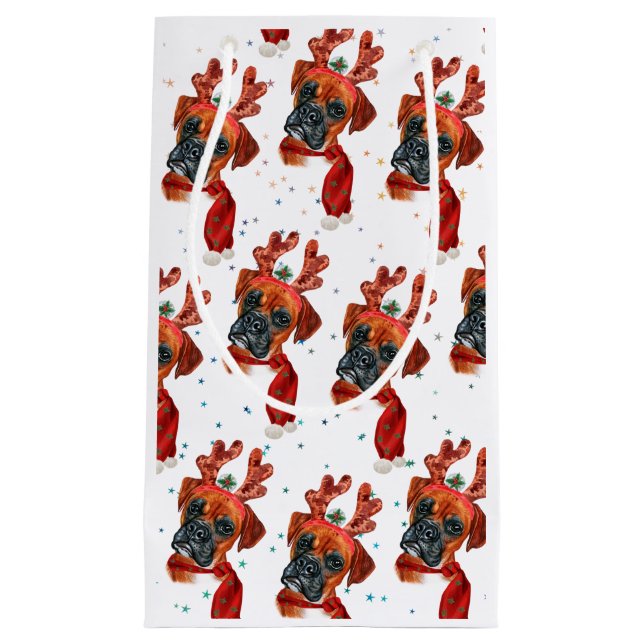 Niedlicher Boxer Hund mit Rentier Antlers Weihnach Kleine Geschenktüte (Vorderseite)