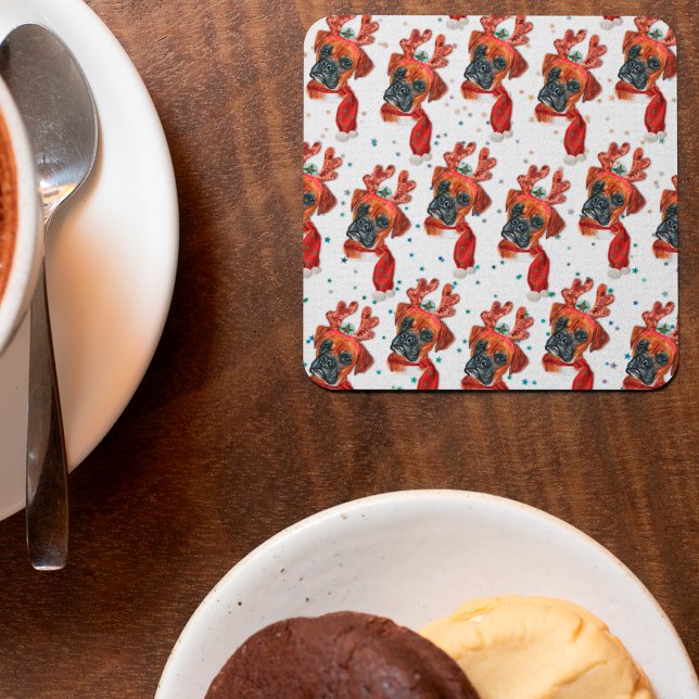 Niedlicher Boxer Hund mit Rentier Antlers Weihnach Rechteckiger Pappuntersetzer (Von Creator hochgeladen)