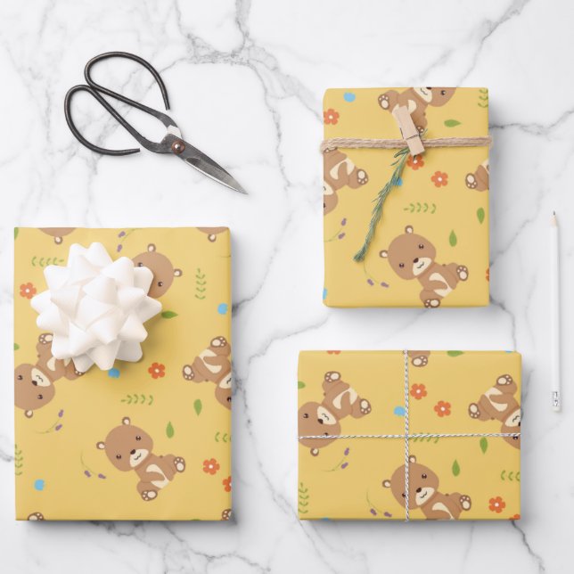 Niedlicher Braunbär mit Blume Geschenkpapier Set (Vorderseite)