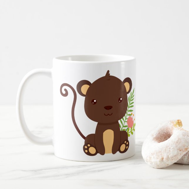 Niedlicher brauner Affe mit rosa Blume Kaffeetasse (Mit Donut)