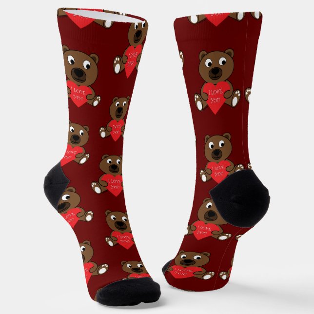 Niedlicher brauner Bär Herz Liebe Muster Rot Socken (Gewinkelt)