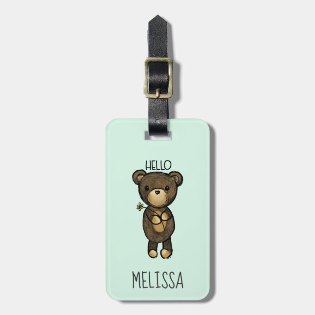 Niedlicher brauner Bär mit gelber Blume Gepäckanhänger (Vorderseite vertikal)