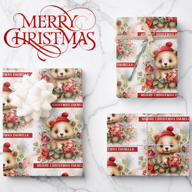 Niedlicher brauner Bär Name Weihnachten 3 Geschenkpapier Set (Von Creator hochgeladen)