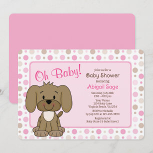 Niedlicher brauner Hund Pink Polka Dot Baby Dusche Einladung