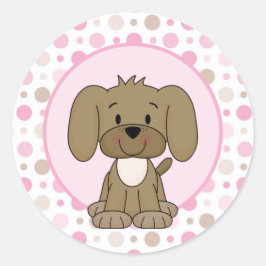 Niedlicher brauner Hund Pink Polka Dot Baby Dusche Runder Aufkleber