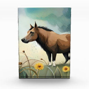 Niedlicher brauner Pony im Blumenfeld Fotoblock