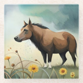 Niedlicher brauner Pony im Blumenfeld Glasuntersetzer