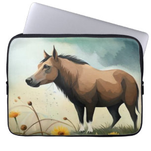 Niedlicher brauner Pony im Blumenfeld Laptopschutzhülle