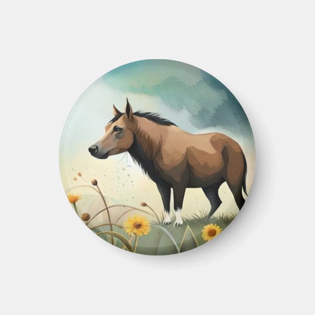 Niedlicher brauner Pony im Blumenfeld Magnet (Vorne)