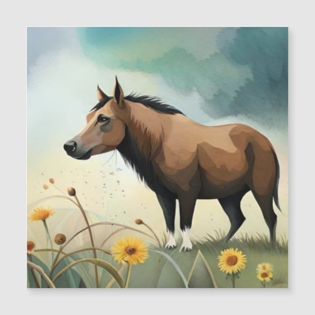 Niedlicher brauner Pony im Blumenfeld Magnetkarte (Vorderseite)