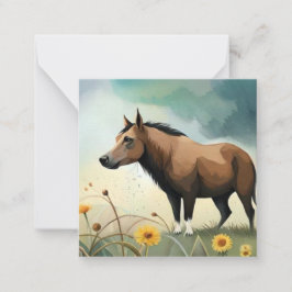 Niedlicher brauner Pony im Blumenfeld Mitteilungskarte