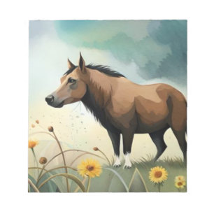 Niedlicher brauner Pony im Blumenfeld Notizblock