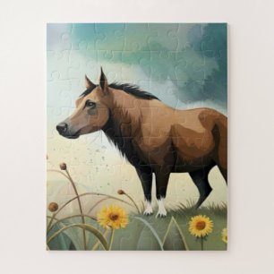 Niedlicher brauner Pony im Blumenfeld Puzzle