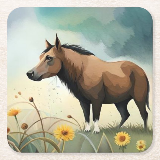 Niedlicher brauner Pony im Blumenfeld Rechteckiger Pappuntersetzer (Vorderseite)