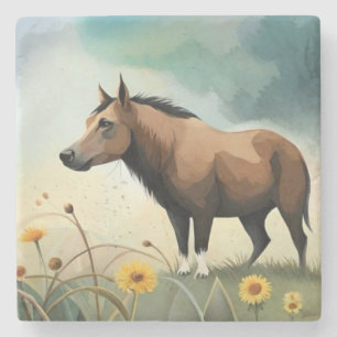 Niedlicher brauner Pony im Blumenfeld Steinuntersetzer