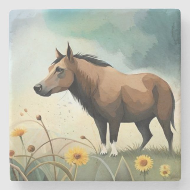 Niedlicher brauner Pony im Blumenfeld Steinuntersetzer (Vorderseite)