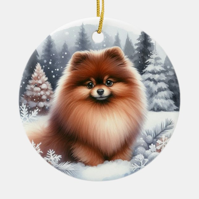 Niedlicher brauner Spitz Hund Landschaftlich Winte Keramik Ornament (Vorne)