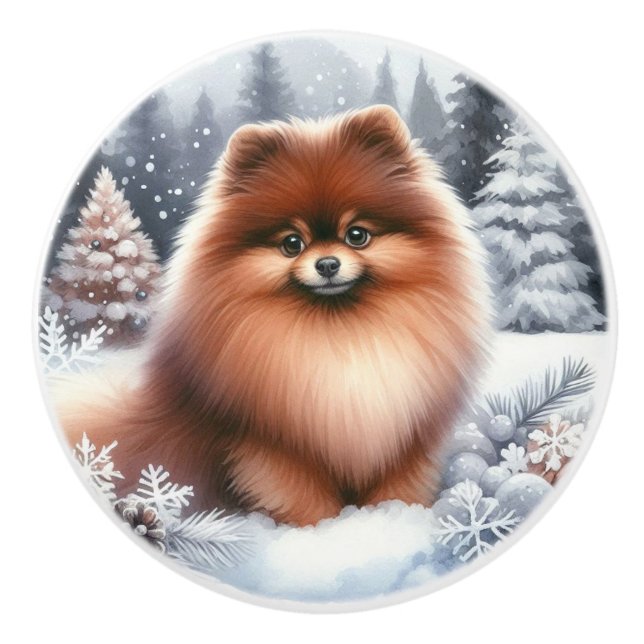 Niedlicher brauner Spitz Winterart Keramikknauf (Vorderseite)