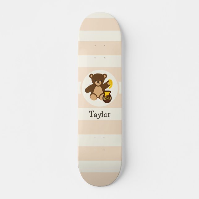 Niedlicher brauner Teddybär mit gelbem Honig Skateboard (Vorne)