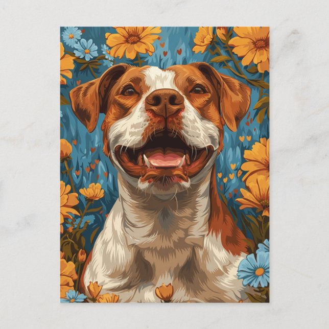 Niedlicher brauner und weißer Hund und Blume Postkarte (Vorderseite)