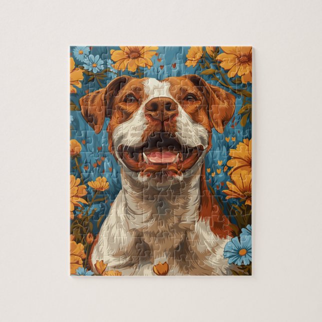 Niedlicher brauner und weißer Hund und Blume Puzzle (Vertikal)