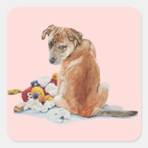 niedlicher brauner Welpe und Teddyrealist Quadratischer Aufkleber